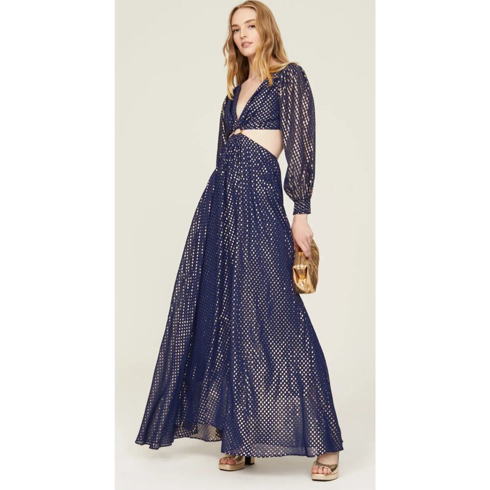 Delfi Collective Cerise navy blue metallic gold polka dot silk dress medium